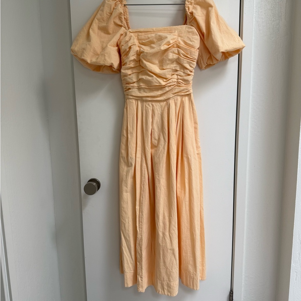Free People Orange Ruched Puff Sleeve Midi Dress